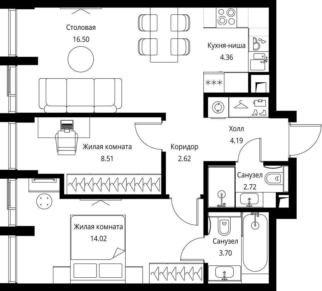 2-комнатная квартира с частичной отделкой, 56.62 м2, 2 этаж, сдача 3 квартал 2026 г., ЖК City Bay, корпус North Ocean 4 - объявление 2332340 - фото №1
