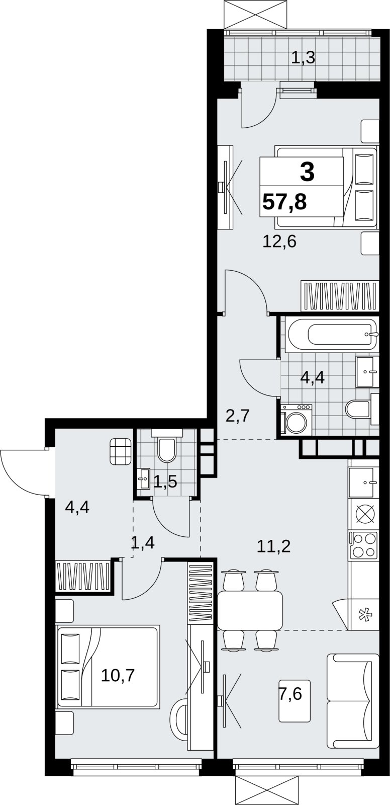 3-комнатная квартира (евро) с полной отделкой, 57.8 м2, 8 этаж, сдача 1 квартал 2027 г., ЖК Скандинавия, корпус 2.18.2.1 - объявление 2351075 - фото №1