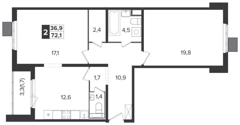 2-комнатная квартира с полной отделкой, 72.1 м2, 12 этаж, дом сдан, ЖК Южная Битца, корпус 6 - объявление 1307918 - фото №1