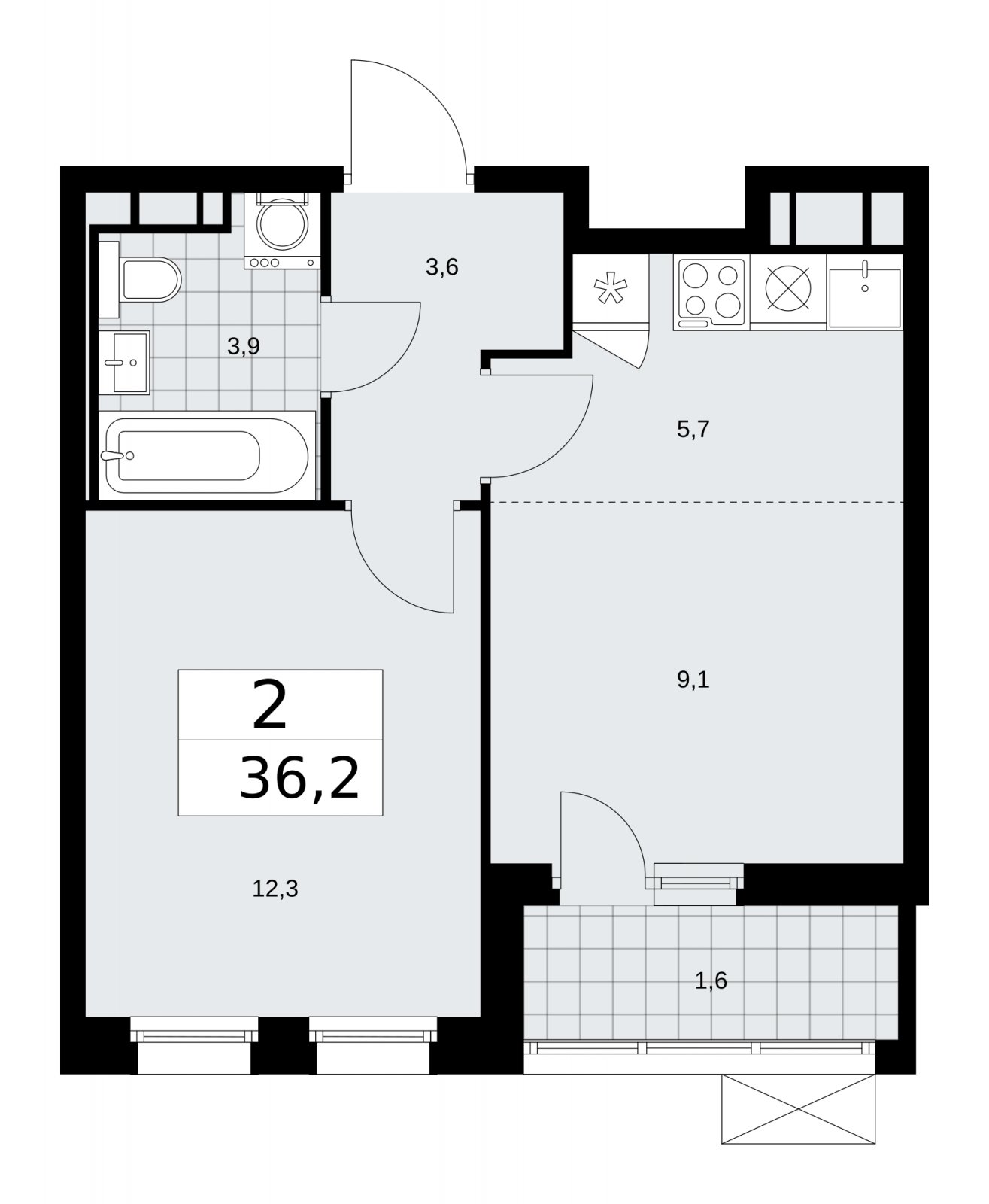 2-комнатная квартира (евро) с частичной отделкой, 36.2 м2, 11 этаж, сдача 2 квартал 2026 г., ЖК Скандинавия, корпус 25.1 - объявление 2283410 - фото №1