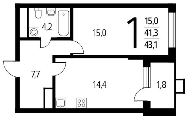 1-комнатная квартира с полной отделкой, 43.1 м2, 3 этаж, сдача 1 квартал 2024 г., ЖК Новые Ватутинки. Центральный, корпус 9/3 - объявление 1673726 - фото №1