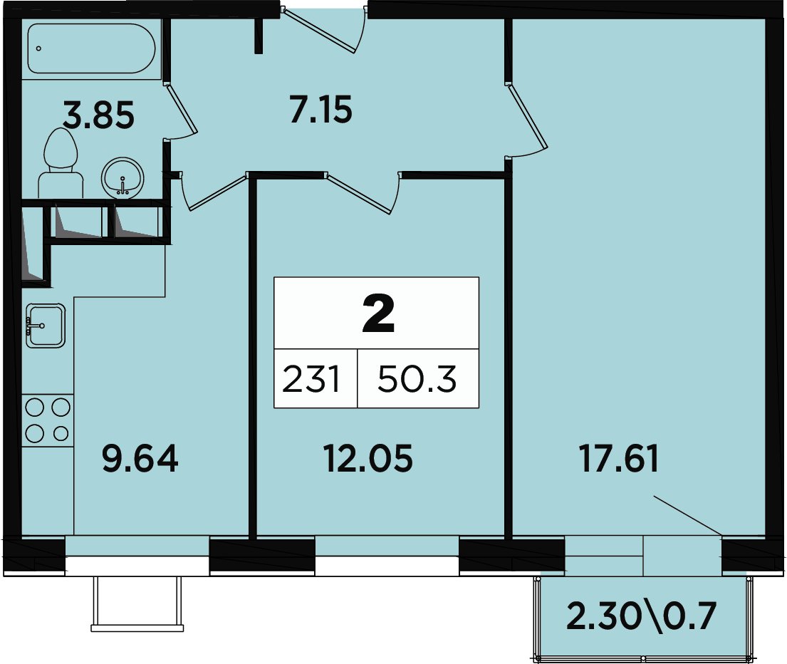 2-комнатные апартаменты без отделки, 48.2 м2, 11 этаж, дом сдан, ЖК Легендарный Квартал на Березовой  аллее, корпус 1 - объявление 2349135 - фото №1
