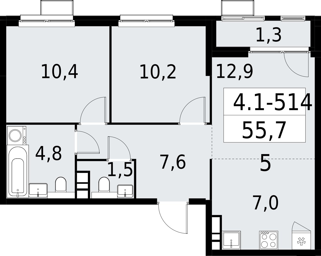 3-комнатная квартира (евро) с полной отделкой, 55.7 м2, 18 этаж, сдача 2 квартал 2027 г., ЖК Южные сады, корпус 4.1.2 - объявление 2393019 - фото №1