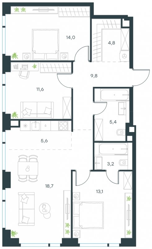 4-комнатная квартира (евро) с частичной отделкой, 86.2 м2, 22 этаж, сдача 4 квартал 2024 г., ЖК Level Мичуринский, корпус 5 - объявление 1635392 - фото №1
