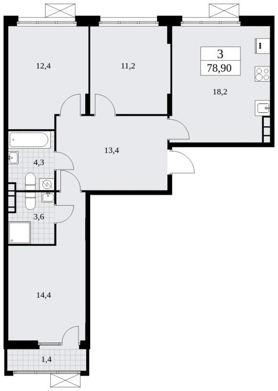 3-комнатная квартира без отделки, 78.9 м2, 6 этаж, сдача 4 квартал 2024 г., ЖК Бунинские кварталы, корпус 2.3 - объявление 1882569 - фото №1