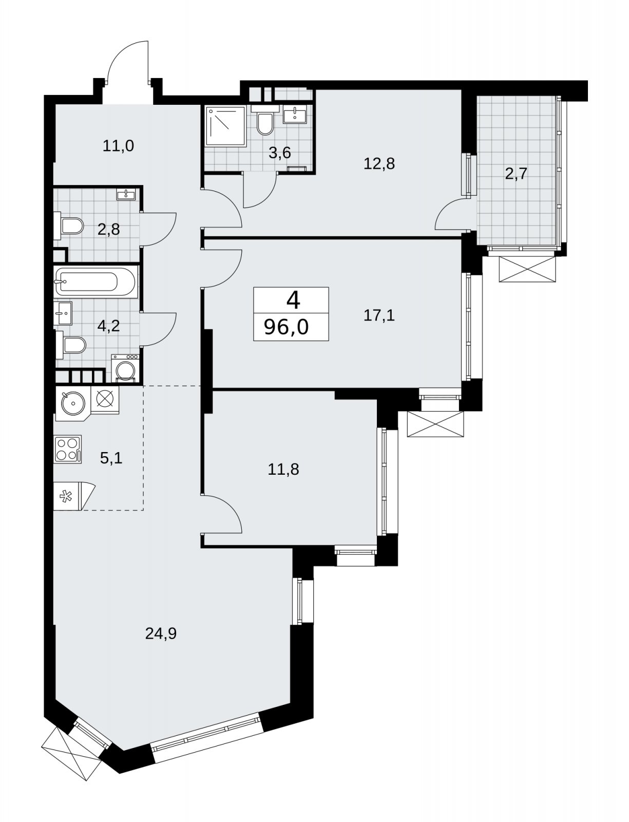 4-комнатная квартира (евро) без отделки, 96 м2, 3 этаж, сдача 1 квартал 2026 г., ЖК Дзен-кварталы, корпус 4.2 - объявление 2251477 - фото №1