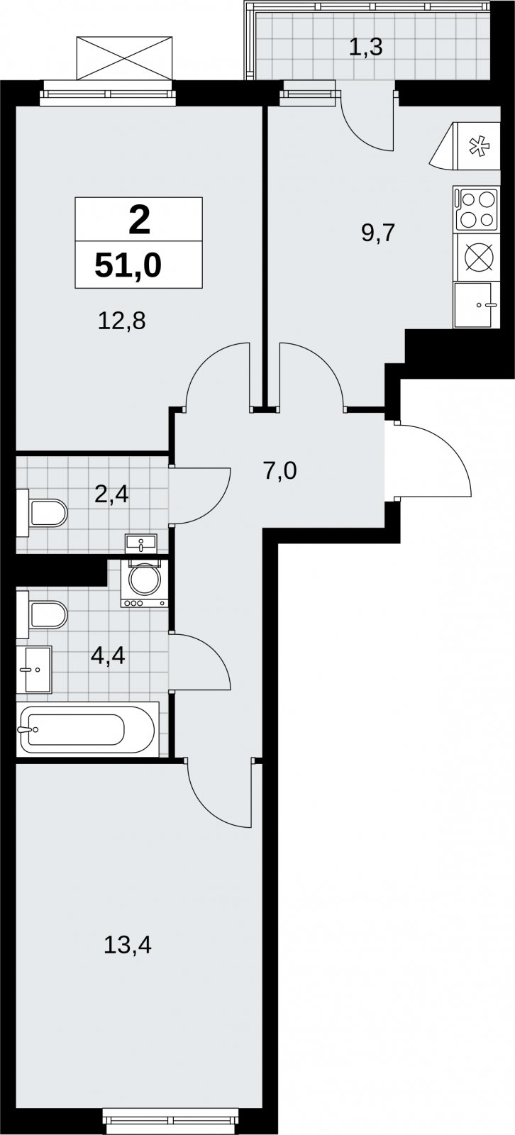 2-комнатная квартира с полной отделкой, 51 м2, 13 этаж, сдача 3 квартал 2026 г., ЖК Дзен-кварталы, корпус 6.1.3 - объявление 2327638 - фото №1