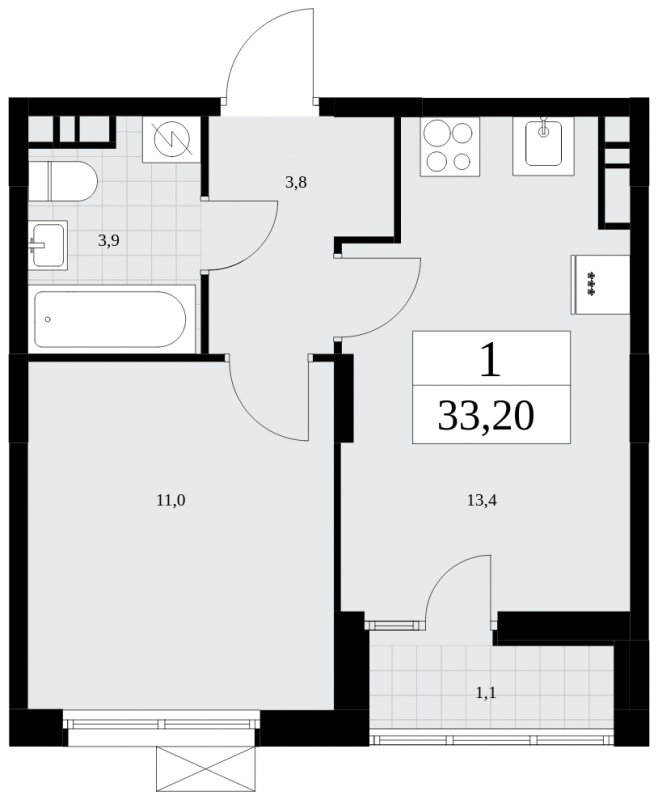 1-комнатная квартира без отделки, 33.2 м2, 8 этаж, сдача 2 квартал 2025 г., ЖК Дзен-кварталы, корпус 2.4 - объявление 1932771 - фото №1