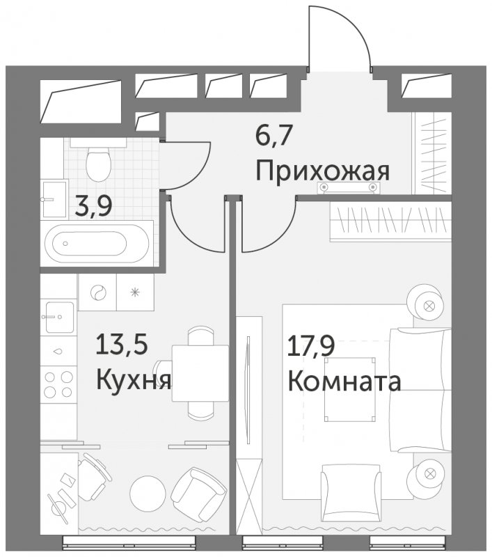 1-комнатная квартира без отделки, 42 м2, 41 этаж, сдача 4 квартал 2023 г., ЖК Архитектор, корпус 2 - объявление 1502611 - фото №1