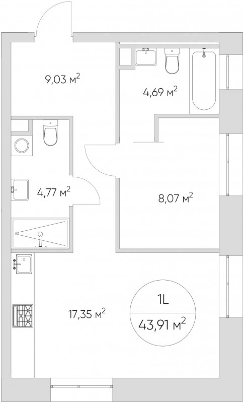 1-комнатные апартаменты без отделки, 43.91 м2, 4 этаж, сдача 1 квартал 2024 г., ЖК N'ICE LOFT, корпус 2 - объявление 1702032 - фото №1