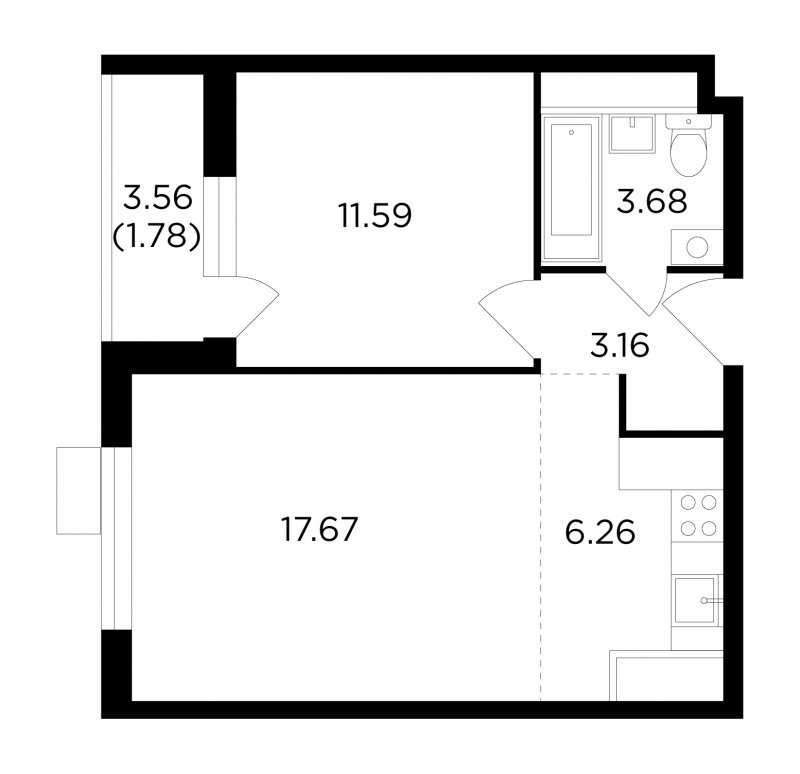 2-комнатная квартира без отделки, 44.14 м2, 11 этаж, сдача 4 квартал 2022 г., ЖК VESNA, корпус 1 - объявление 1747953 - фото №1