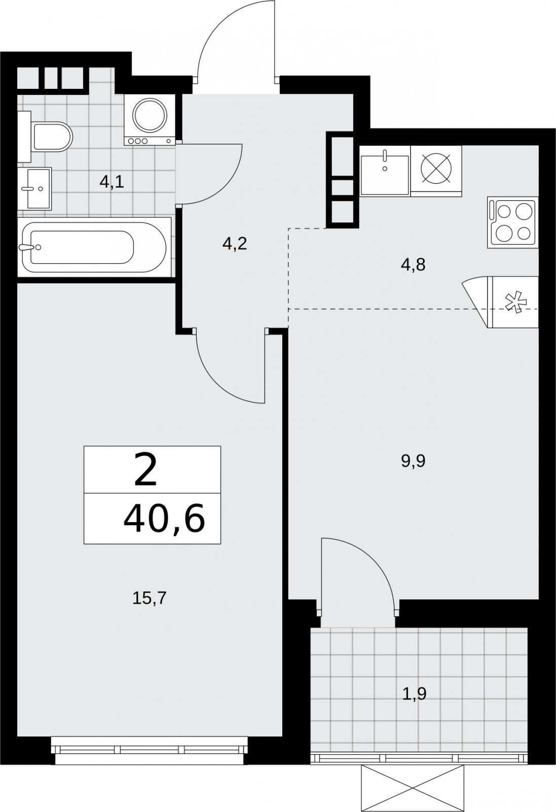 2-комнатная квартира (евро) без отделки, 40.6 м2, 16 этаж, сдача 2 квартал 2026 г., ЖК Бунинские кварталы, корпус 5.3 - объявление 2297635 - фото №1