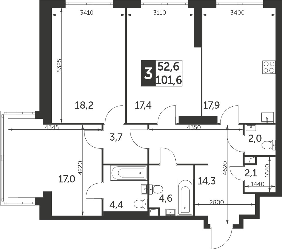 3-комнатная квартира с частичной отделкой, 101.6 м2, 17 этаж, дом сдан, ЖК Архитектор, корпус 1 - объявление 2287697 - фото №1