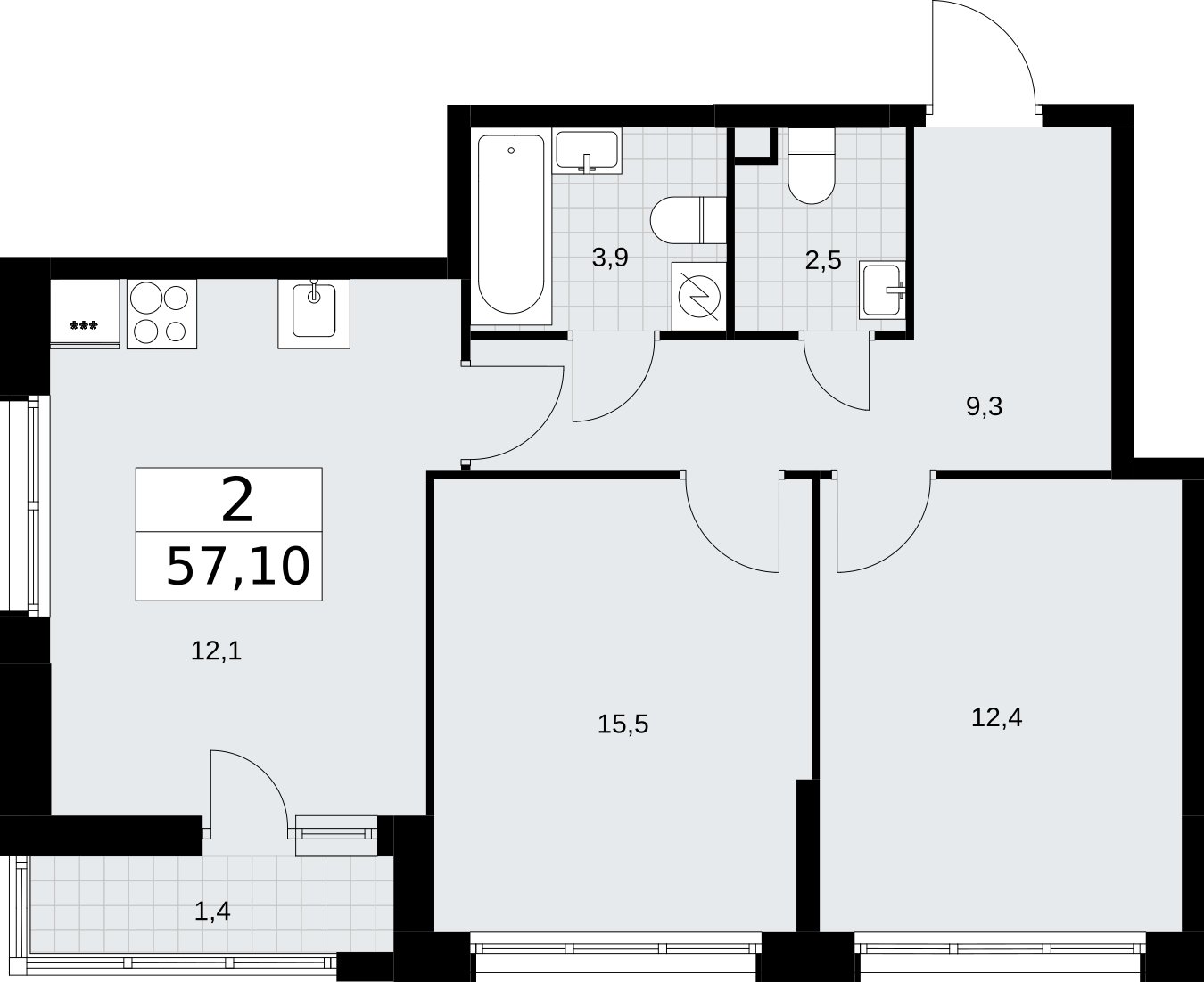2-комнатная квартира без отделки, 57.1 м2, 2 этаж, сдача 3 квартал 2026 г., ЖК Родные кварталы, корпус 3.1 - объявление 2378312 - фото №1