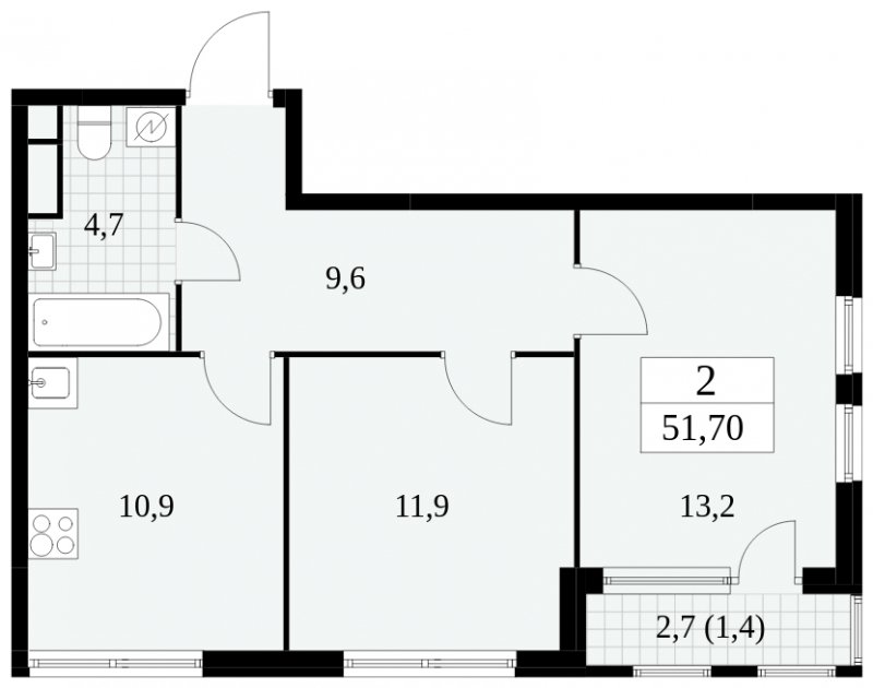 2-комнатная квартира без отделки, 51.7 м2, 17 этаж, сдача 2 квартал 2025 г., ЖК Южные сады, корпус 2.3 - объявление 1758223 - фото №1