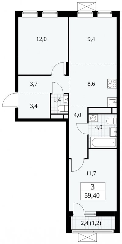 3-комнатная квартира (евро) без отделки, 59.4 м2, 12 этаж, сдача 1 квартал 2025 г., ЖК Прокшино, корпус 5.1.3 - объявление 1810637 - фото №1