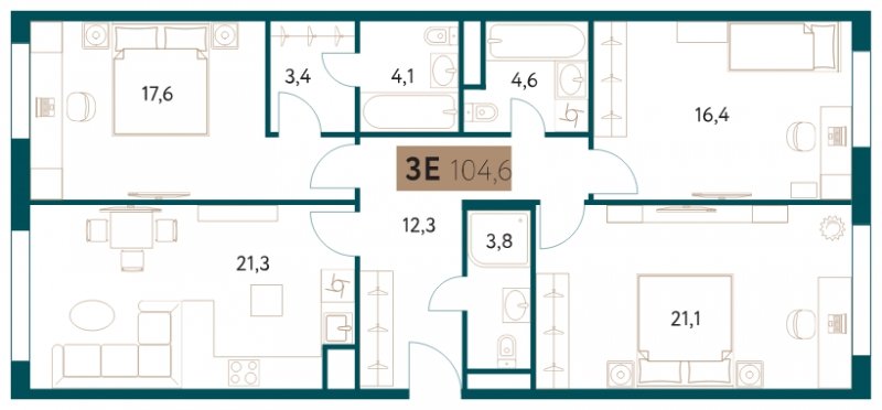 3-комнатная квартира 104.6 м2, 11 этаж, сдача 4 квартал 2022 г., ЖК Настоящее, корпус 3 - объявление 1657117 - фото №1