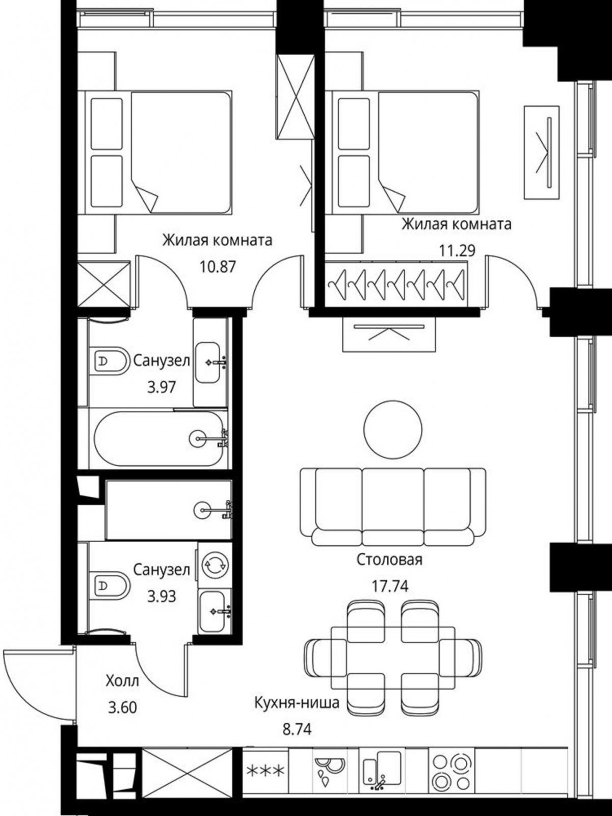 2-комнатная квартира с частичной отделкой, 60.14 м2, 3 этаж, сдача 3 квартал 2026 г., ЖК City Bay, корпус North Ocean 6 - объявление 2240514 - фото №1