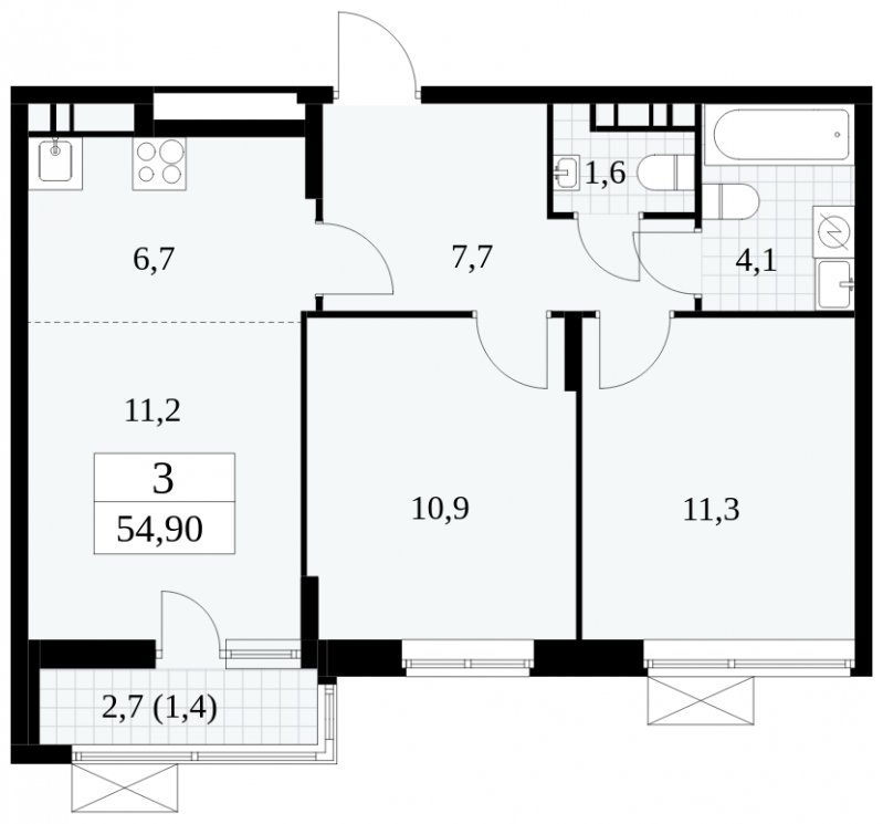 3-комнатная квартира (евро) без отделки, 54.9 м2, 17 этаж, сдача 1 квартал 2025 г., ЖК Прокшино, корпус 5.2.1 - объявление 1751095 - фото №1