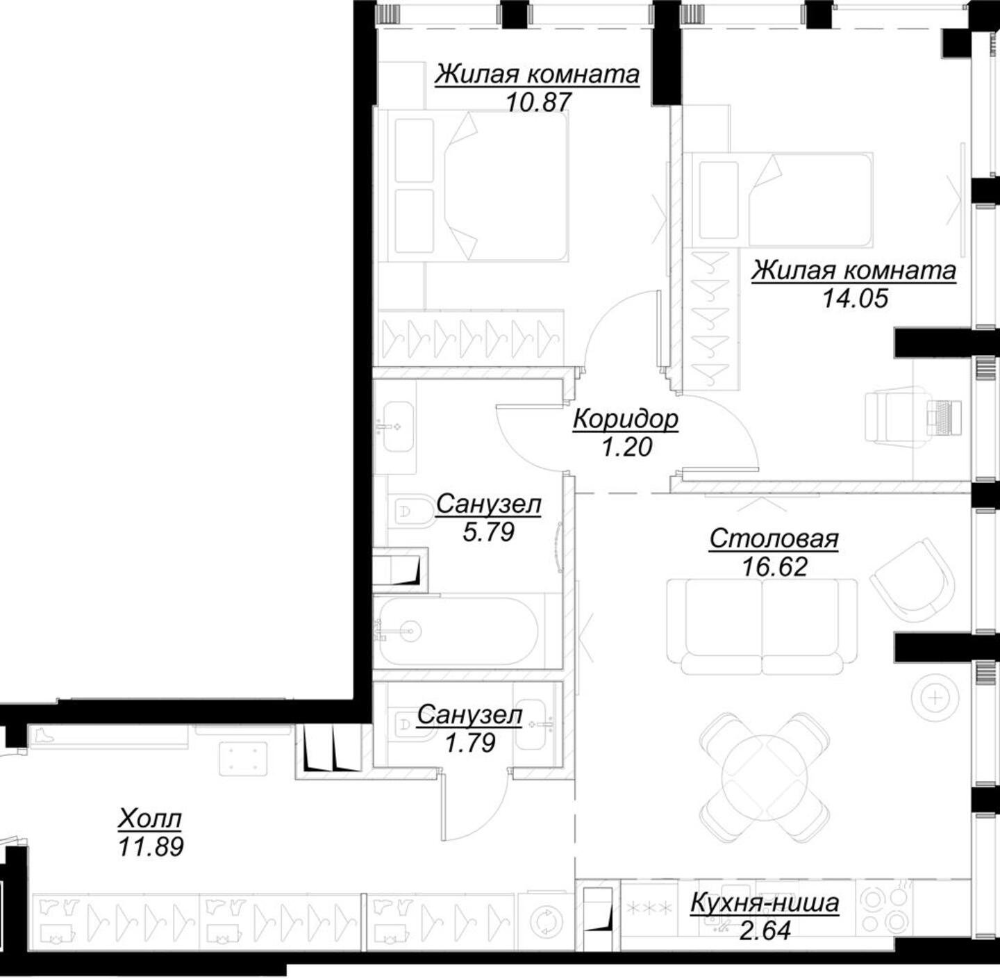 2-комнатная квартира с частичной отделкой, 65.64 м2, 26 этаж, сдача 4 квартал 2024 г., ЖК MOD, корпус Camus - объявление 2213021 - фото №1