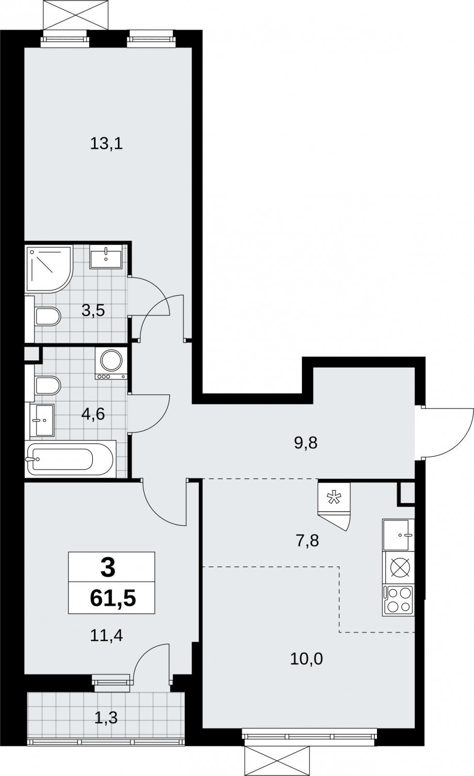 3-комнатная квартира (евро) без отделки, 61.5 м2, 2 этаж, сдача 2 квартал 2026 г., ЖК Бунинские кварталы, корпус 9.1 - объявление 2323516 - фото №1
