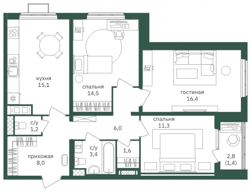 3-комнатная квартира с полной отделкой, 78.9 м2, 6 этаж, сдача 3 квартал 2022 г., ЖК Зеленая Вертикаль, корпус 1 - объявление 1806834 - фото №1