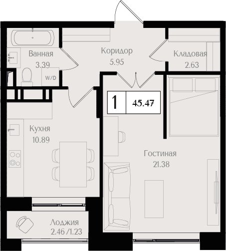1-комнатная квартира без отделки, 45.47 м2, 5 этаж, сдача 3 квартал 2025 г., ЖК Преображенская площадь, корпус 3 - объявление 2404268 - фото №1