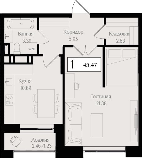 1-комнатная квартира без отделки, 45.5 м2, 5 этаж, сдача 3 квартал 2025 г., ЖК Преображенская площадь, корпус 3 - объявление 2458274 - фото №1