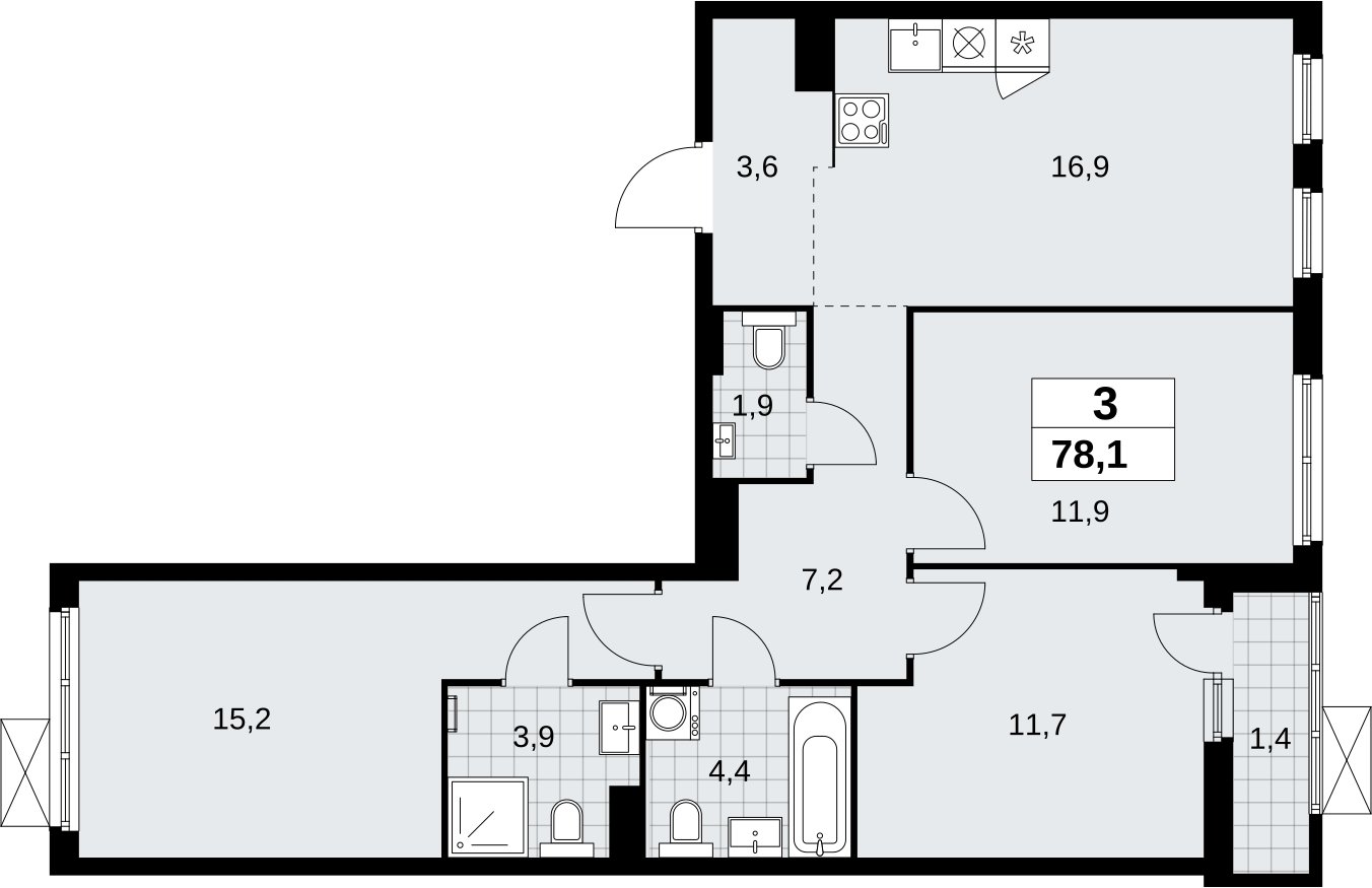 3-комнатная квартира без отделки, 78.1 м2, 7 этаж, сдача 1 квартал 2026 г., ЖК Дзен-кварталы, корпус 6.2.1 - объявление 2328386 - фото №1