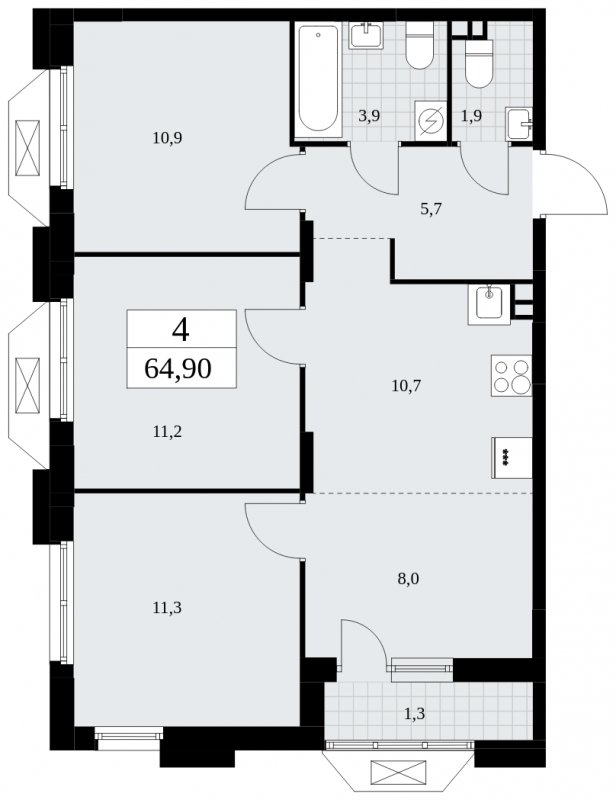 4-комнатная квартира (евро) с частичной отделкой, 64.9 м2, 3 этаж, сдача 4 квартал 2024 г., ЖК Бунинские кварталы, корпус 1.2 - объявление 1834406 - фото №1