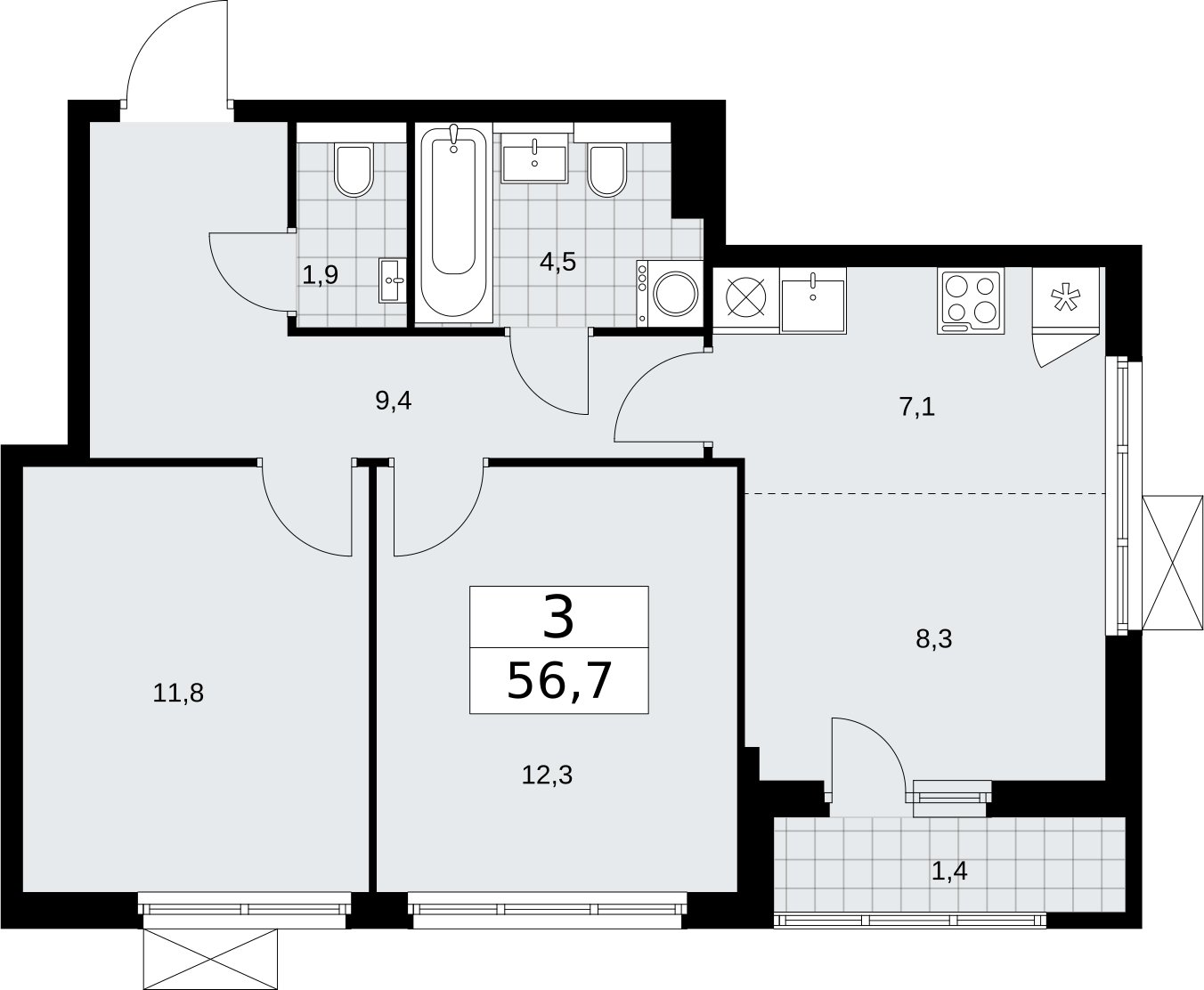 3-комнатная квартира (евро) без отделки, 56.7 м2, 2 этаж, сдача 2 квартал 2026 г., ЖК Бунинские кварталы, корпус 7.3 - объявление 2313975 - фото №1