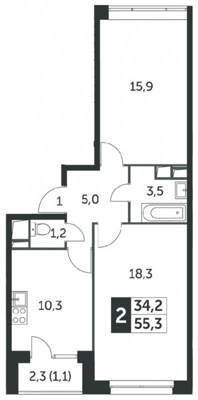 2-комнатная квартира без отделки, 55.4 м2, 8 этаж, сдача 4 квартал 2023 г., ЖК Датский квартал, корпус 2 - объявление 1568479 - фото №1