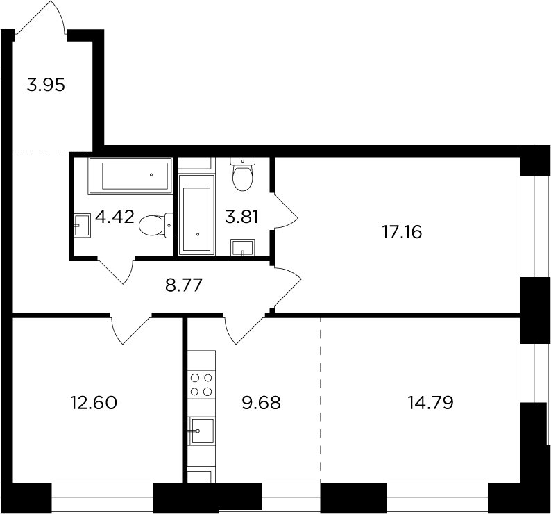 3-комнатная квартира с частичной отделкой, 75.18 м2, 17 этаж, дом сдан, ЖК FORIVER, корпус 7 - объявление 2371377 - фото №1