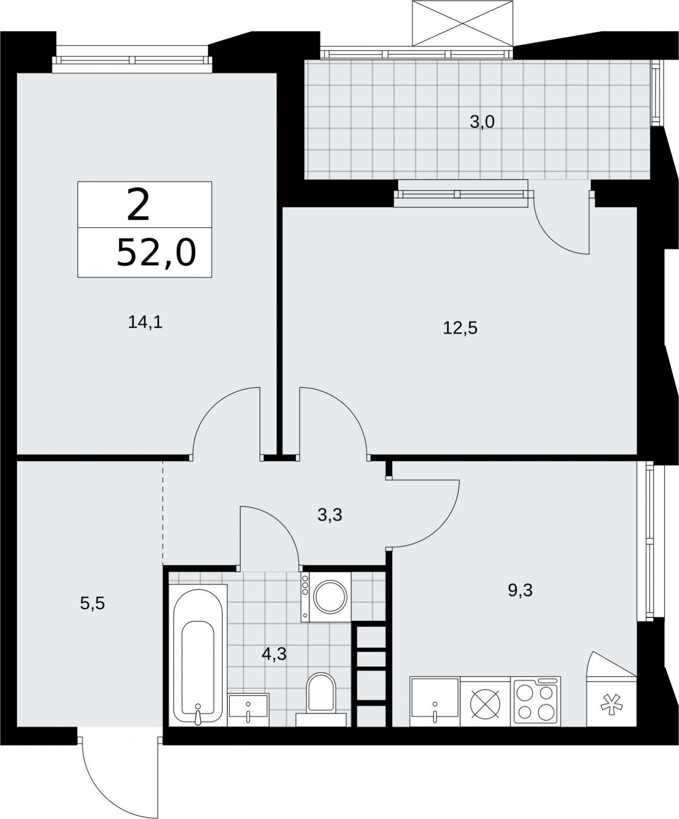 2-комнатная квартира без отделки, 52 м2, 21 этаж, сдача 2 квартал 2026 г., ЖК Бунинские кварталы, корпус 5.2 - объявление 2297478 - фото №1