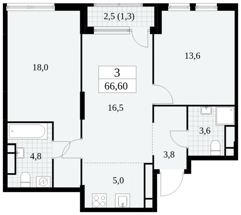 3-комнатная квартира (евро) без отделки, 66.6 м2, 21 этаж, сдача 2 квартал 2025 г., ЖК Южные сады, корпус 2.3 - объявление 1758248 - фото №1