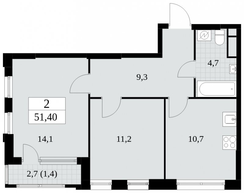 2-комнатная квартира с частичной отделкой, 51.4 м2, 15 этаж, сдача 2 квартал 2025 г., ЖК Южные сады, корпус 2.1 - объявление 1760008 - фото №1