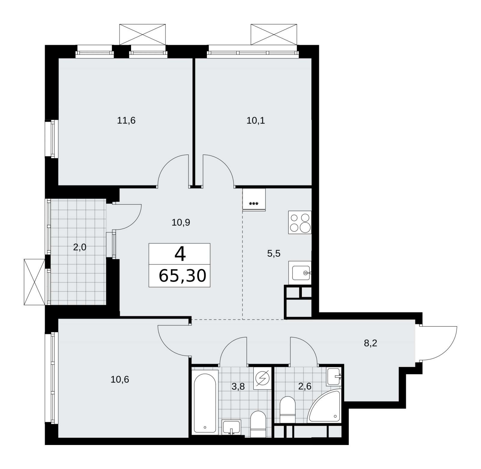4-комнатная квартира (евро) с частичной отделкой, 65.3 м2, 15 этаж, сдача 4 квартал 2025 г., ЖК Бунинские кварталы, корпус 3.5 - объявление 2152242 - фото №1