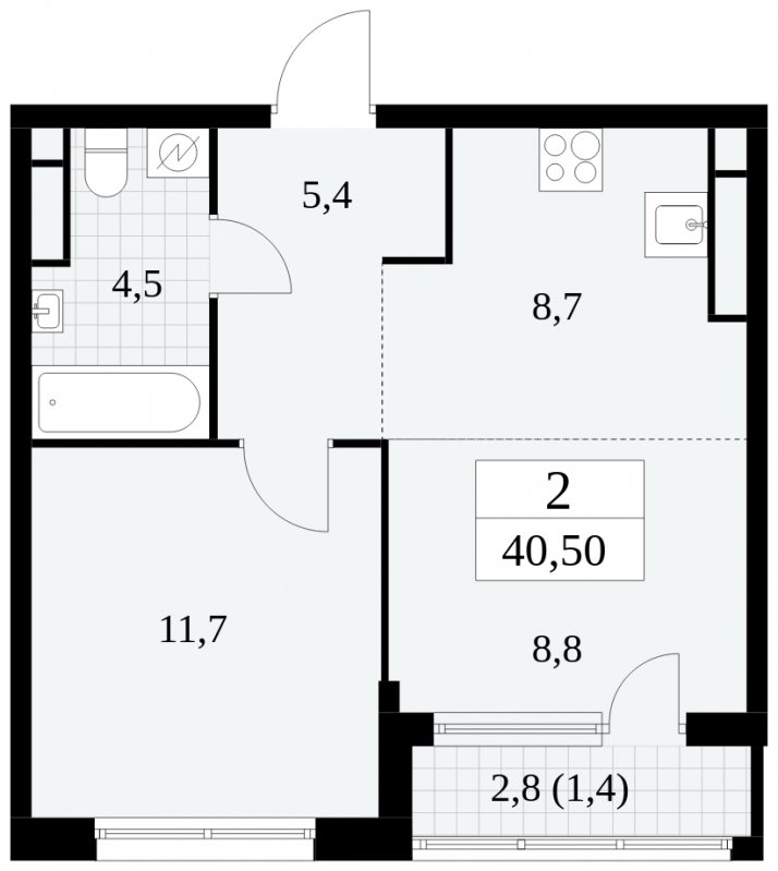 2-комнатная квартира (евро) с частичной отделкой, 40.5 м2, 28 этаж, сдача 2 квартал 2025 г., ЖК Южные сады, корпус 2.1 - объявление 1760075 - фото №1