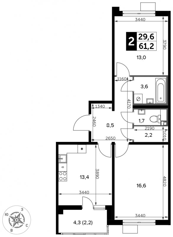 2-комнатная квартира с частичной отделкой, 61.2 м2, 13 этаж, сдача 3 квартал 2023 г., ЖК Южная Битца, корпус 11 - объявление 1771669 - фото №1
