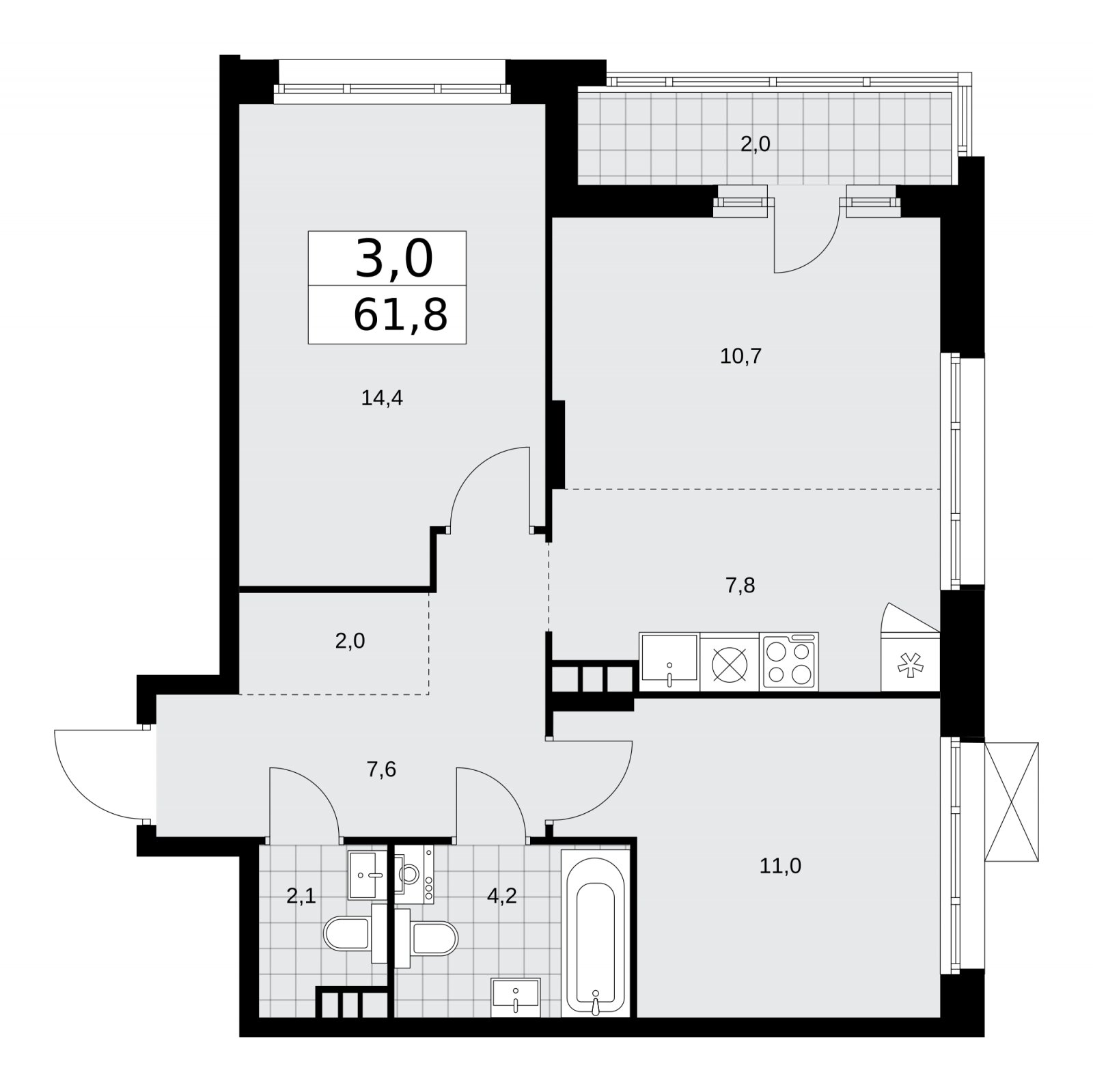 3-комнатная квартира (евро) без отделки, 61.8 м2, 3 этаж, сдача 1 квартал 2026 г., ЖК Прокшино, корпус 10.1.3 - объявление 2227235 - фото №1