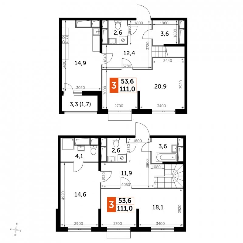 1-комнатная квартира с частичной отделкой, 39.7 м2, 13 этаж, сдача 3 квартал 2023 г., ЖК UP-квартал Римский, корпус 7 - объявление 1695768 - фото №1