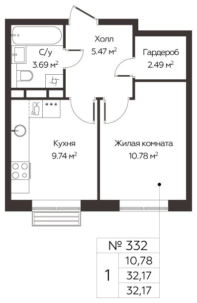 1-комнатная квартира без отделки, 32.17 м2, 10 этаж, сдача 3 квартал 2024 г., ЖК МелисСад, корпус 1 - объявление 2022059 - фото №1