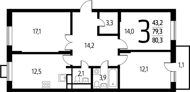 3-комнатная квартира с полной отделкой, 80.3 м2, 5 этаж, сдача 1 квартал 2025 г., ЖК Новые Ватутинки. Заречный, корпус 5/2 - объявление 2272091 - фото №1