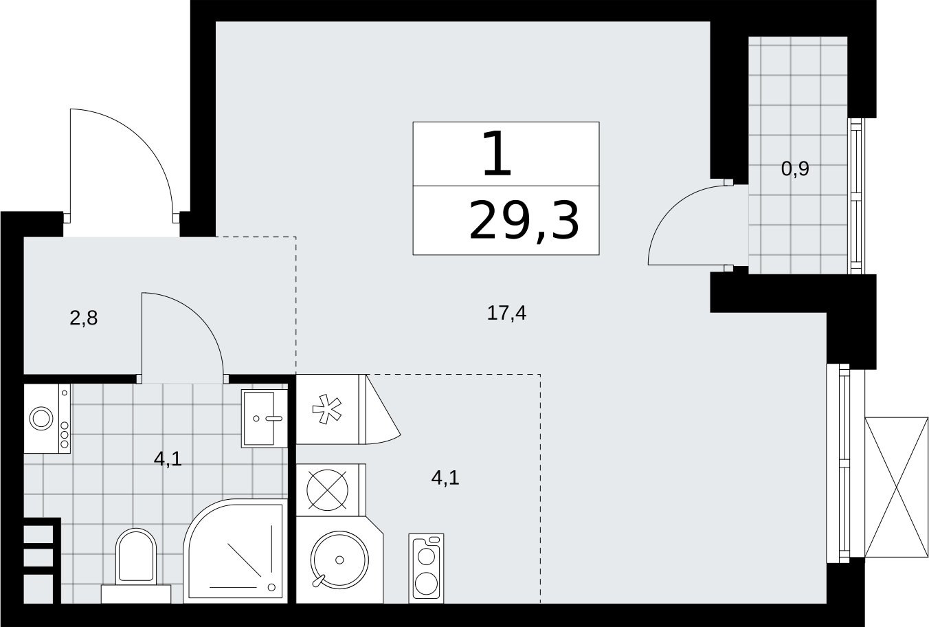 Студия с частичной отделкой, 29.3 м2, 3 этаж, сдача 2 квартал 2026 г., ЖК Бунинские кварталы, корпус 5.1 - объявление 2296994 - фото №1