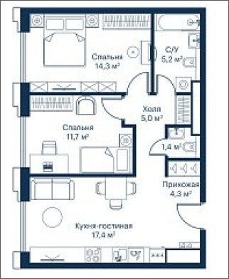 2-комнатная квартира с частичной отделкой, 59.32 м2, 19 этаж, сдача 2 квартал 2023 г., ЖК City Bay, корпус Indian Ocean 5 - объявление 1983378 - фото №1