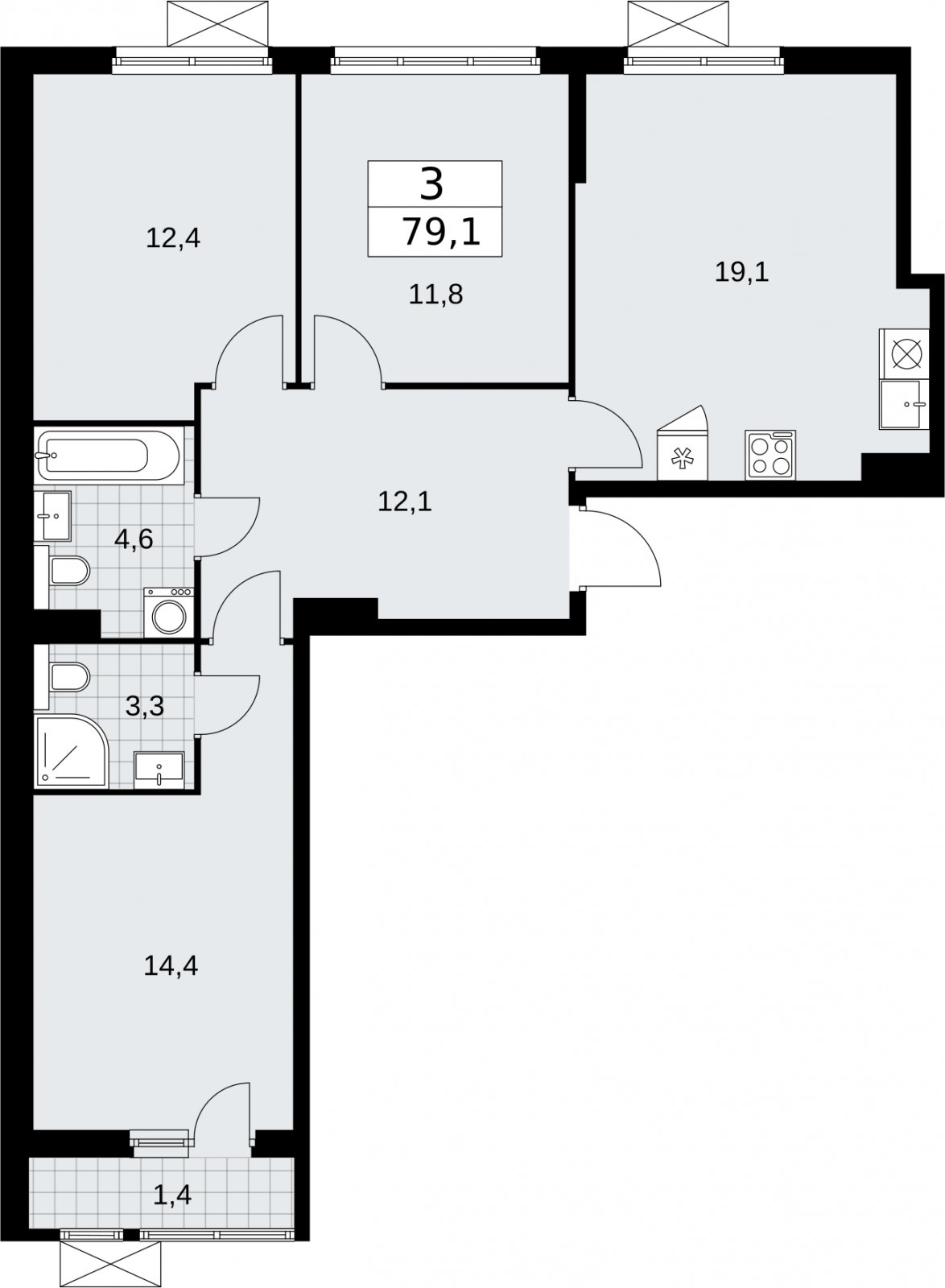 3-комнатная квартира с полной отделкой, 79.1 м2, 4 этаж, сдача 2 квартал 2026 г., ЖК Бунинские кварталы, корпус 7.1 - объявление 2319531 - фото №1