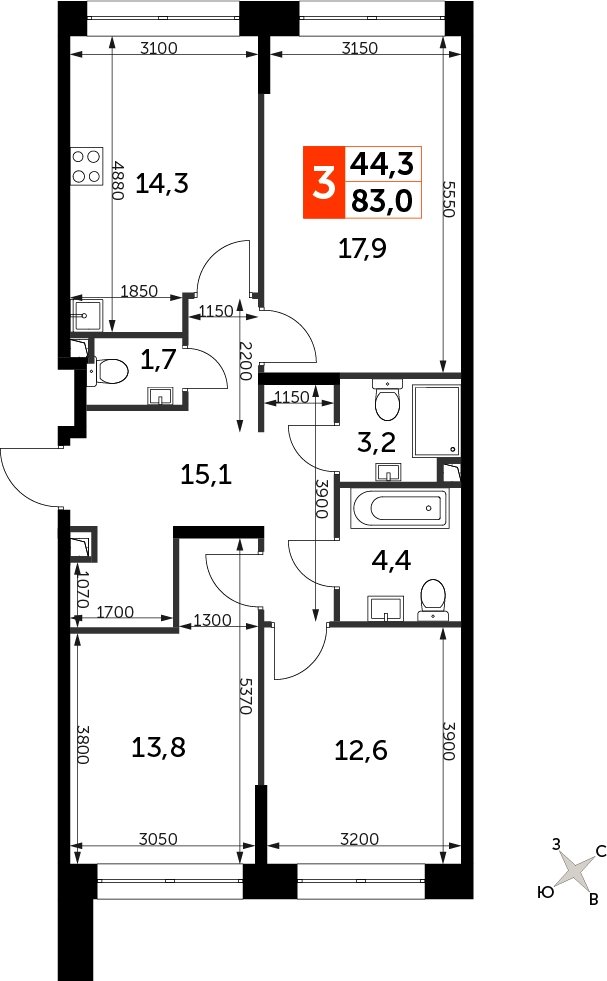 3-комнатная квартира с частичной отделкой, 83 м2, 15 этаж, сдача 3 квартал 2024 г., ЖК Sydney City, корпус 2.1 - объявление 2334828 - фото №1
