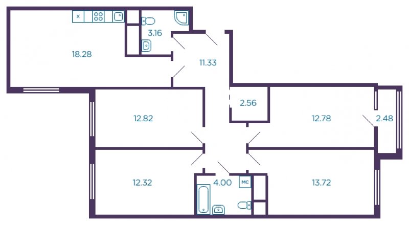 4-комнатная квартира с полной отделкой, 92.21 м2, 2 этаж, дом сдан, ЖК Миниполис Дивное, корпус 1 - объявление 1807033 - фото №1
