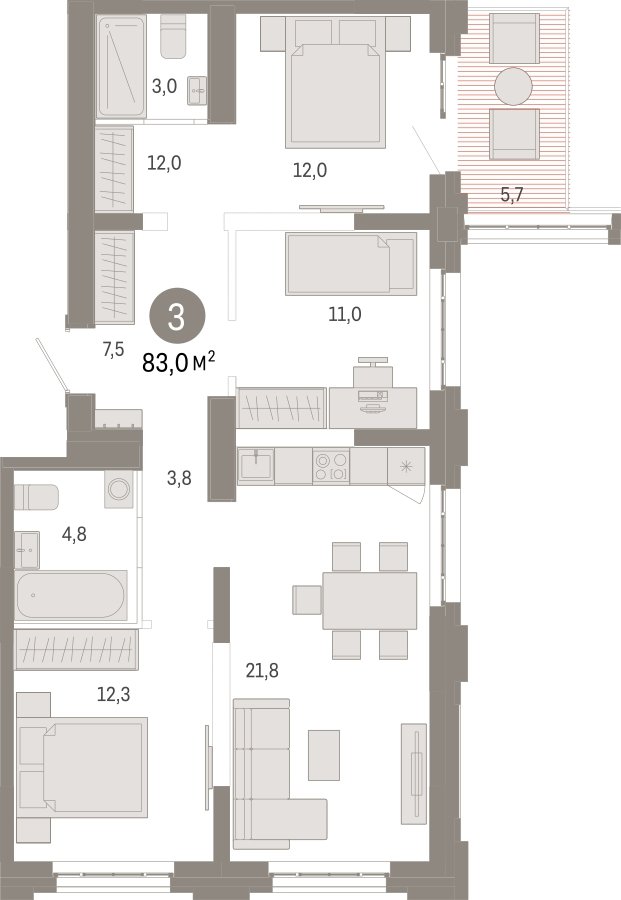3-комнатная квартира 83 м2, 2 этаж, сдача 3 квартал 2026 г., ЖК Квартал Метроном, корпус 1 - объявление 2330882 - фото №1