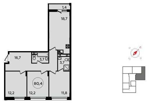 3-комнатная квартира без отделки, 80.4 м2, 13 этаж, сдача 1 квартал 2022 г., ЖК Скандинавия, корпус 13.1 - объявление 1411584 - фото №1